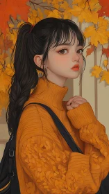 Autumn portrait of girl in orange sweater and leaves.