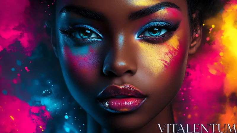 Digital portrait of woman with neon makeup and color splash.