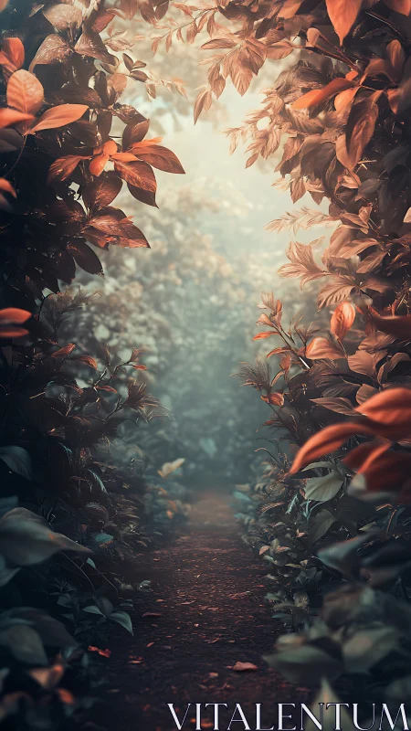 Misty forest path framed by copper toned foliage at dawn.