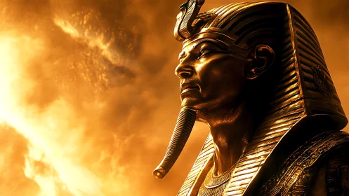 Golden pharaoh bust glowing against fiery dramatic sky.
