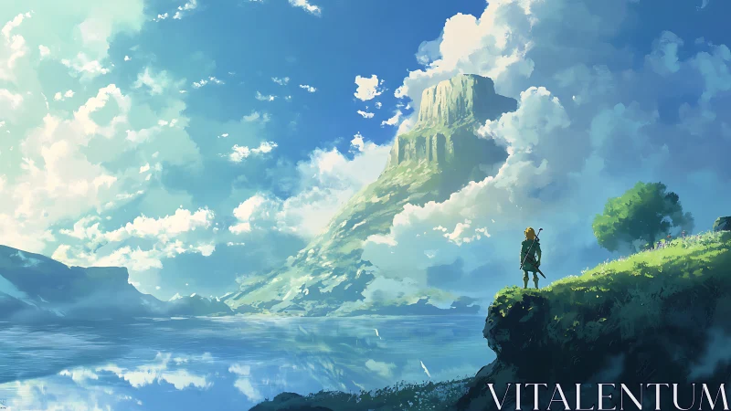 Solitary adventurer surveys luminous lake and monumental peak