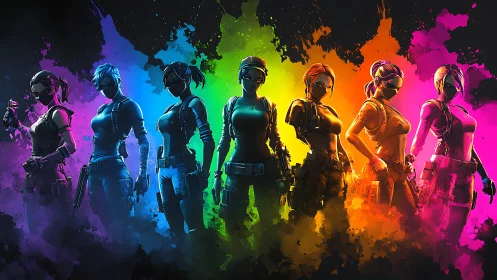 Rainbow lineup of tactical female fighters in neon colors.
