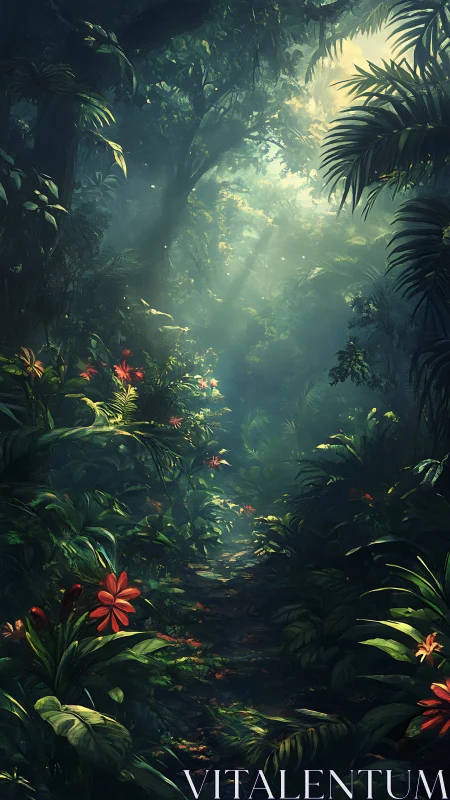 Mystical jungle path lit by golden sunrays.