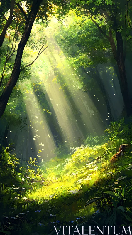 Forest Clearing with Sunlight Through Trees
