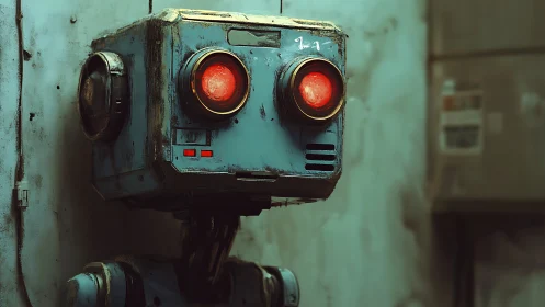 Rusty blue robot gazes ahead in a moody industrial alley