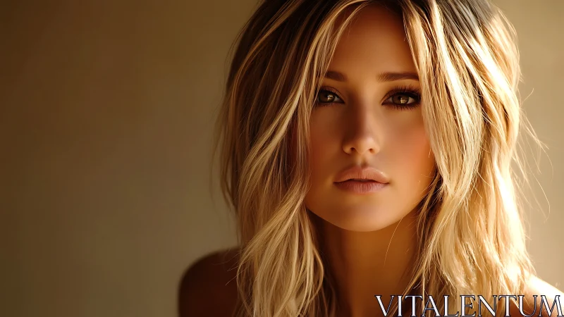 Golden portrait captures soft light on blonde woman face.