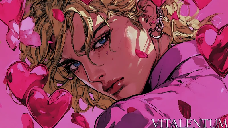 Melancholic blond portrait framed by vivid pink hearts