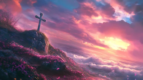 Littoral memorial cross under chromatic volumetric sunset sky.