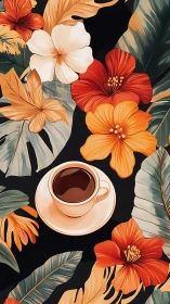 Tropical floral coffee art with bold hibiscus blooms.