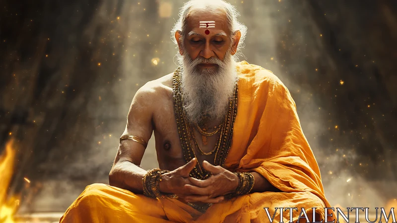 Meditative Hindu sage under golden shafts of divine light.