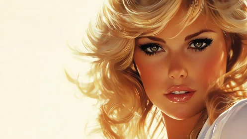 Golden-haired portrait radiates warm cinematic glow.