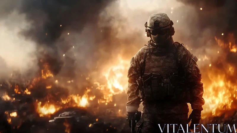 Armored soldier silhouetted against inferno battlefield flames.