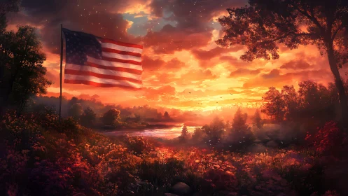 Sunset flag over peaceful wildflower meadow and river view.