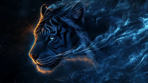 Celestial blue tiger emerging through glowing cosmic smoke.