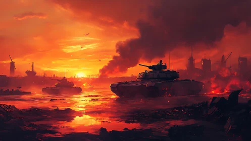 Armored tanks advance across flooded industrial warzone at dusk