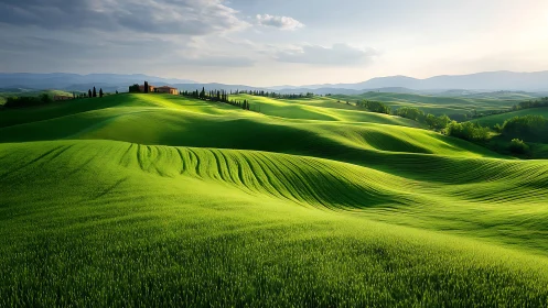 Sunlit green hills form layered agricultural terrain