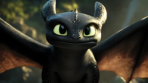 Playful black dragon with bright curious green eyes.