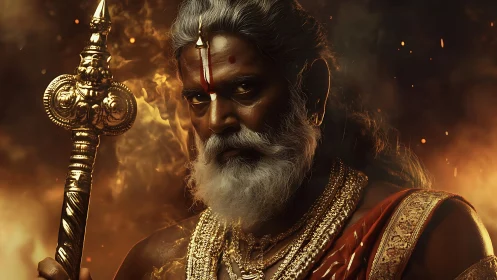 Elderly warrior priest with staff in fiery dramatic light.