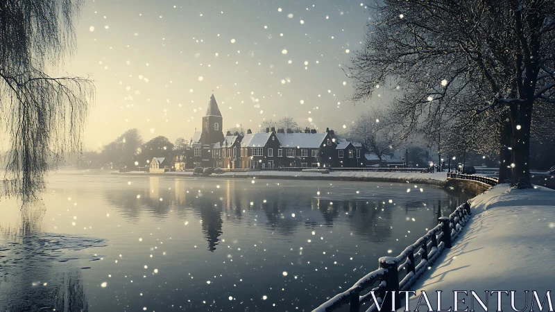 Gentle snowfall embraces a quiet riverside village at dusk