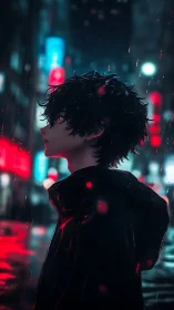 Solitary anime boy walks through neon rain at midnight