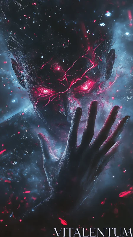 Crackling red energy blazes from a shadowy cosmic guardian