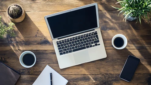 Minimal laptop workspace rests on rustic wooden desk