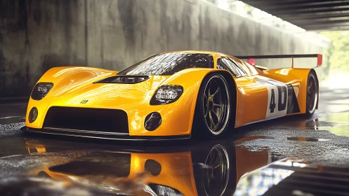 Low-slung yellow endurance race car reflects on wet tunnel floor