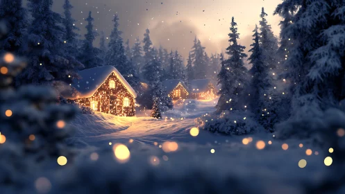 Snowy forest cabins glow with warm festive winter lights