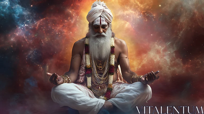 Cosmic-clad yogic ascetic in nebular meditative suspension.