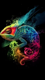 Neon chameleon radiates swirling rainbow smoke on black.