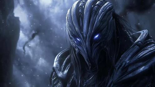 Midnight void warden with burning cobalt eyes ascends.