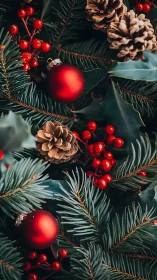 Festive pine branches cradle red ornaments and winter berries