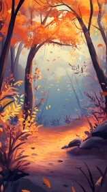 Autumn Forest Pathway: Digital Landscape with Falling Leaves.