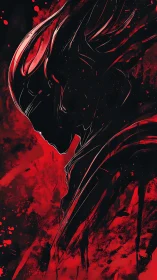 Brooding alien silhouette in crimson splatter stormed space.