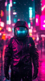 Neon‑drenched urban wanderer in reflective visor rainstorm.