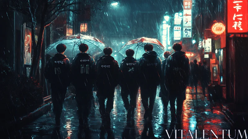 Friends under neon rain sharing secrets of the night street.