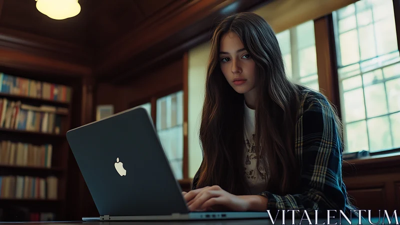 Focused student using laptop in warm wood library interior.