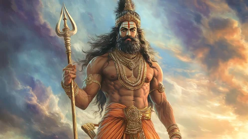 Warrior deity stands radiant against storm lit heavens