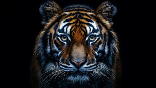 Front view of detailed tiger portrait on dark background.