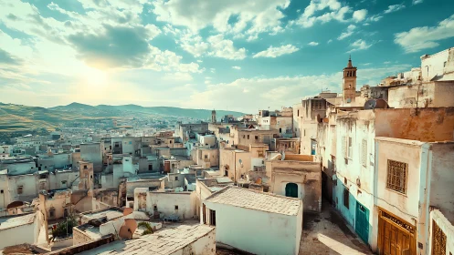 Sunlit hillside cityscape glows under a soft turquoise sky