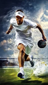 Storm-sprinting athlete shatters grass and sky in motion.