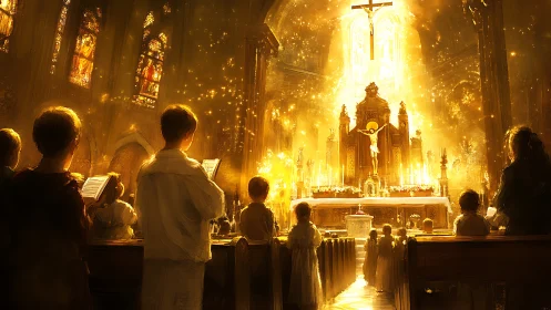 Liturgical procession in luminous gothic nave with golden altar