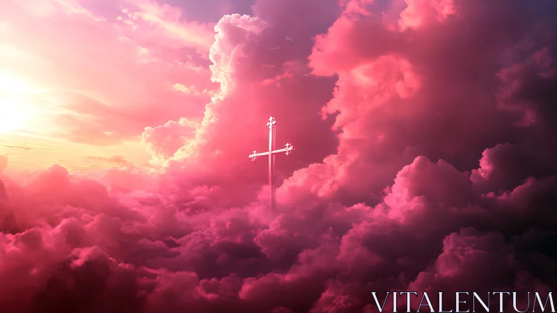 Radiant silver cross rising through luminous pink clouds