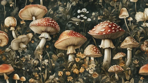 Forest toadstools quietly rehearse a midnight lantern parade