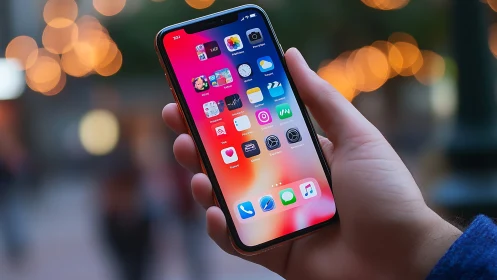 iPhone Home Screen Display with Bokeh Background.