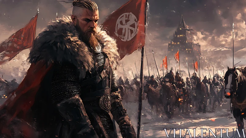 Digital painting of viking warlord leading winter siege army.