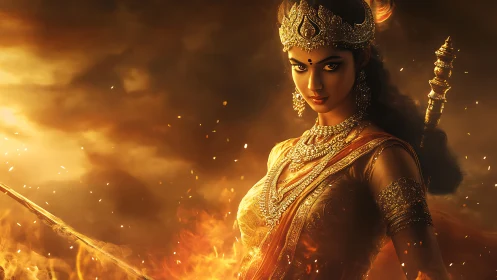 Warrior goddess figure amid flames and storm clouds.