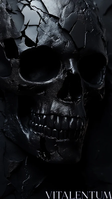 Black cracked skull rendered with glossy cinematic lighting.