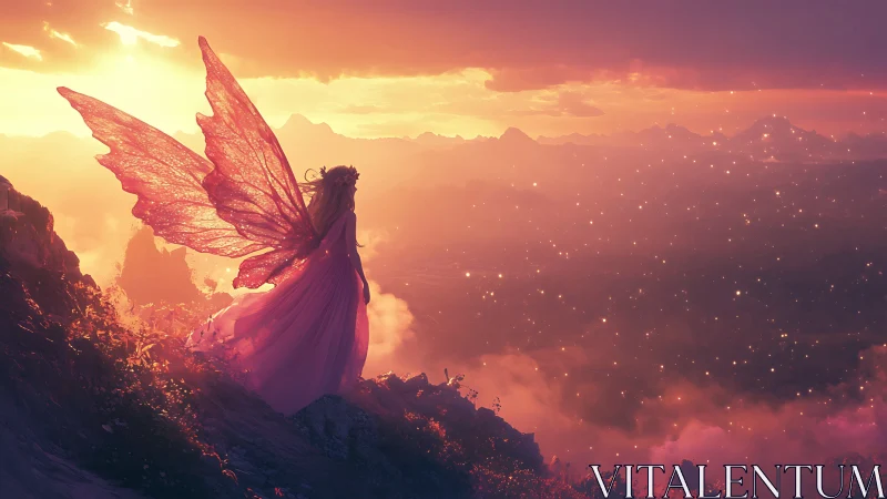 Sunset fairy overlooking glowing mystic valley vista.