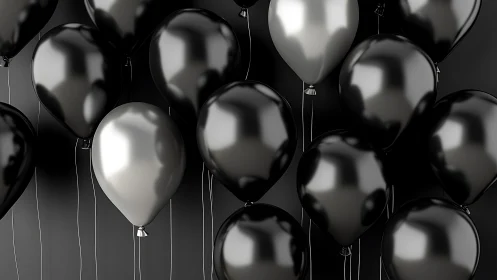 Elegant Black Balloons Floating Against Gray Backdrop.